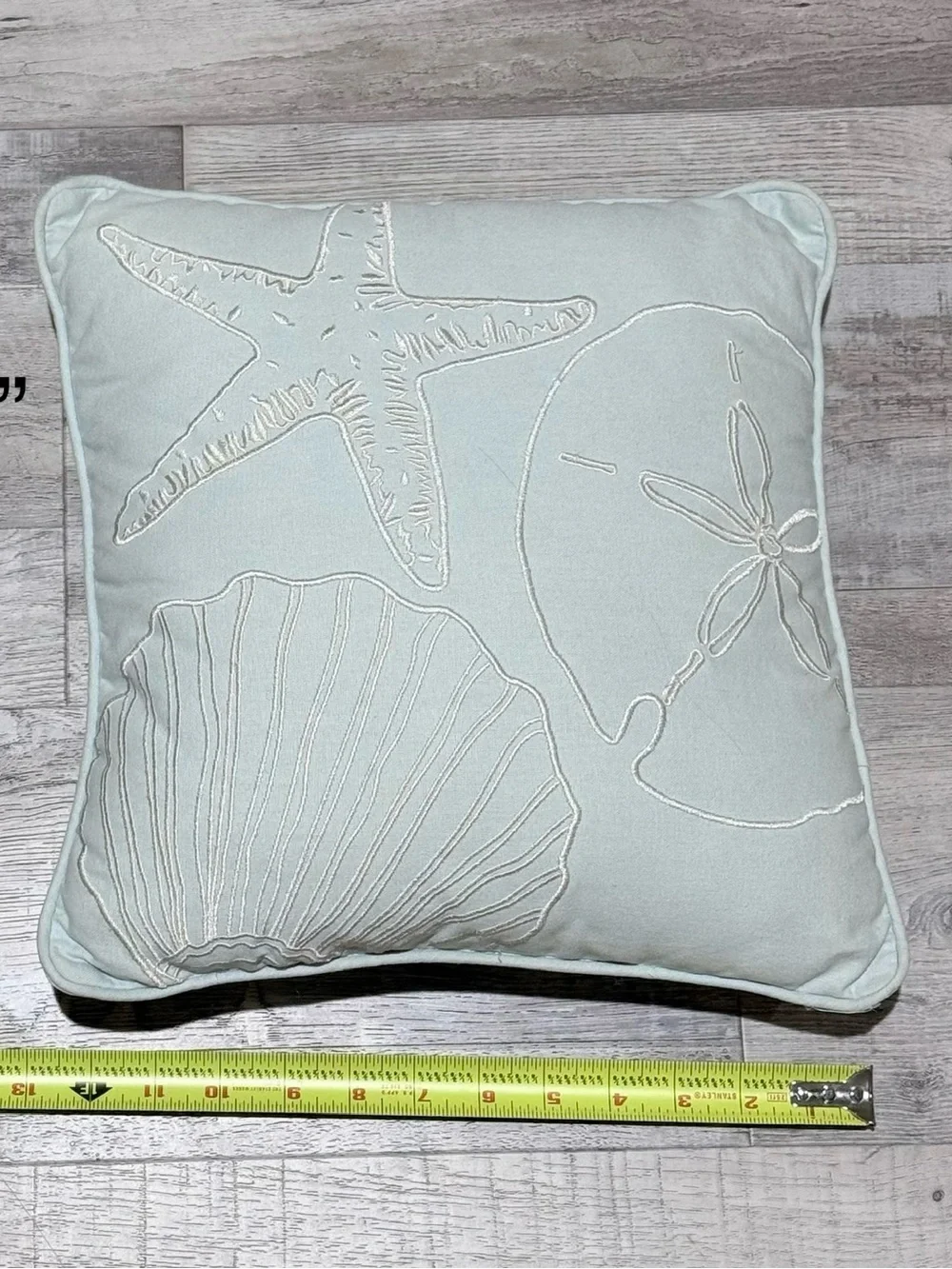 Coastal Embroidered Starfish & Shell Accent Pillow - Light Seafoam